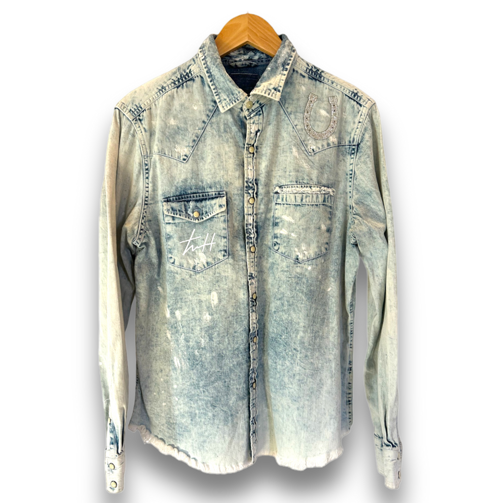 G. Inglese Western shirt in bleached denim with amber snap buttons – No Man  Walks Alone